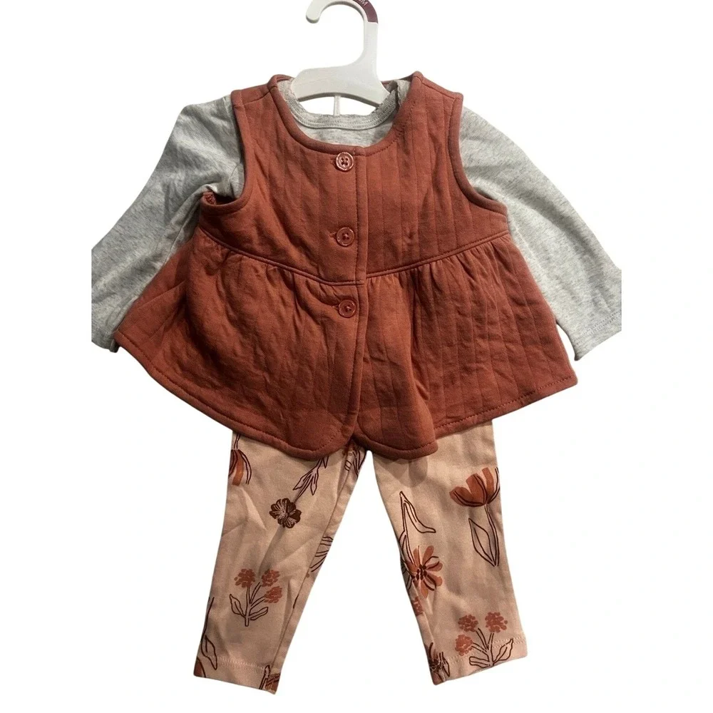 Carters Just One You Baby Girls 3pc Set Rust Quilted Vest Bodysuit‎ Leggings 6M
